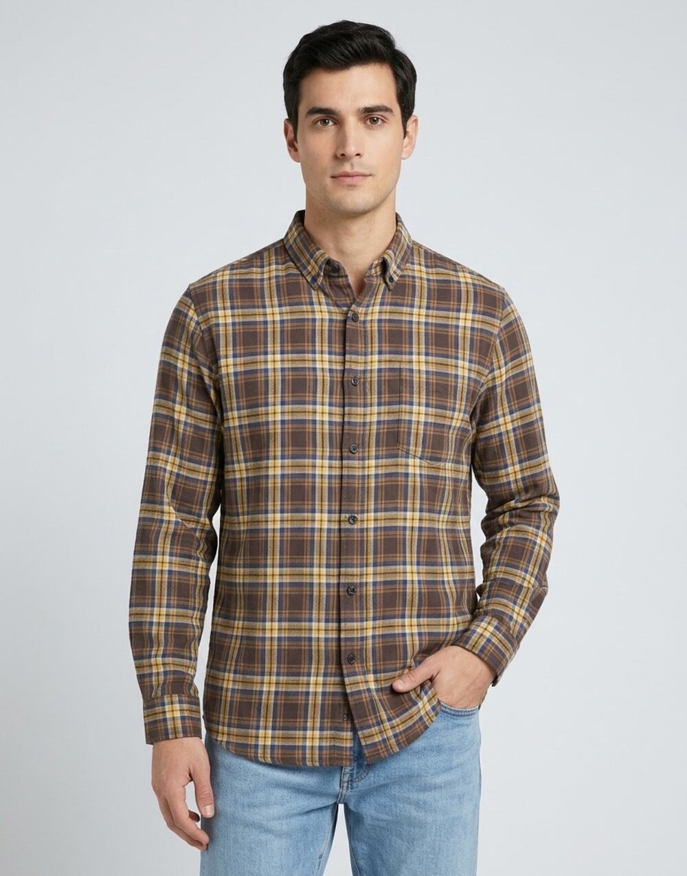 Elliott Lauren Made in USA Brown Plaid Stretch Button-Up Shirt Men Size XL